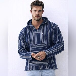 LUCKY BRAND Baja Woven Jacquard Stripe Relaxed Hoodie Pullover Blue 📐Large